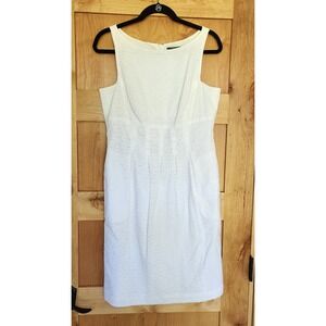 Lauren Ralph Lauren US 10 White 100% Cotton Eyelet Boat Neck Picnic Dress Knee